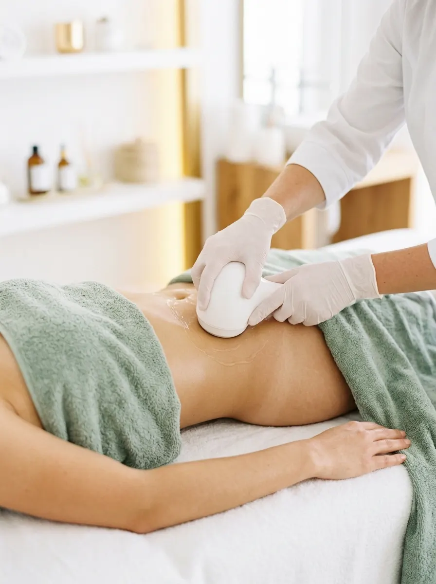 Mani dell'operatrice durante un trattamento corpo sull'addome, in cabina