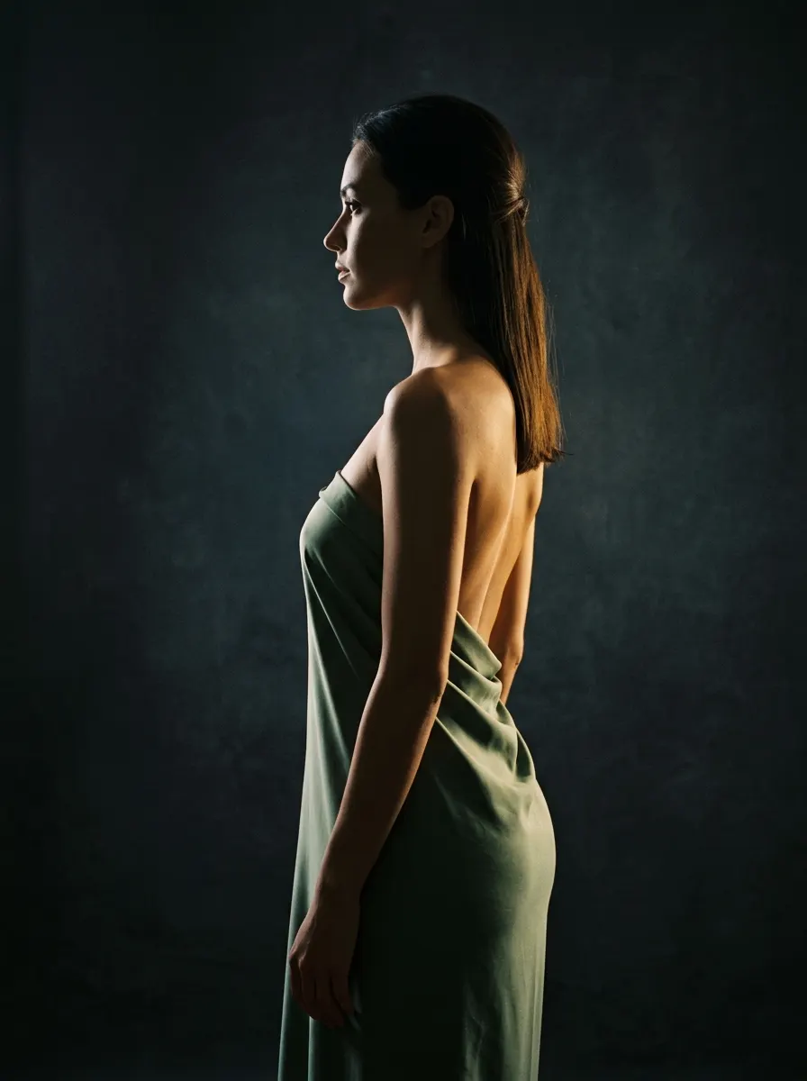 Silhouette di donna in controluce avvolta in un telo verde salvia