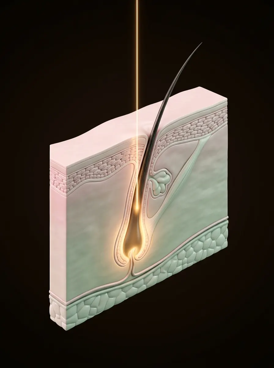Illustrazione di un follicolo: la luce colpisce il pelo alla radice e non la pelle intorno