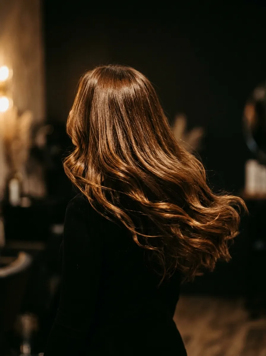 Capelli lunghi castani, lucidi, in movimento